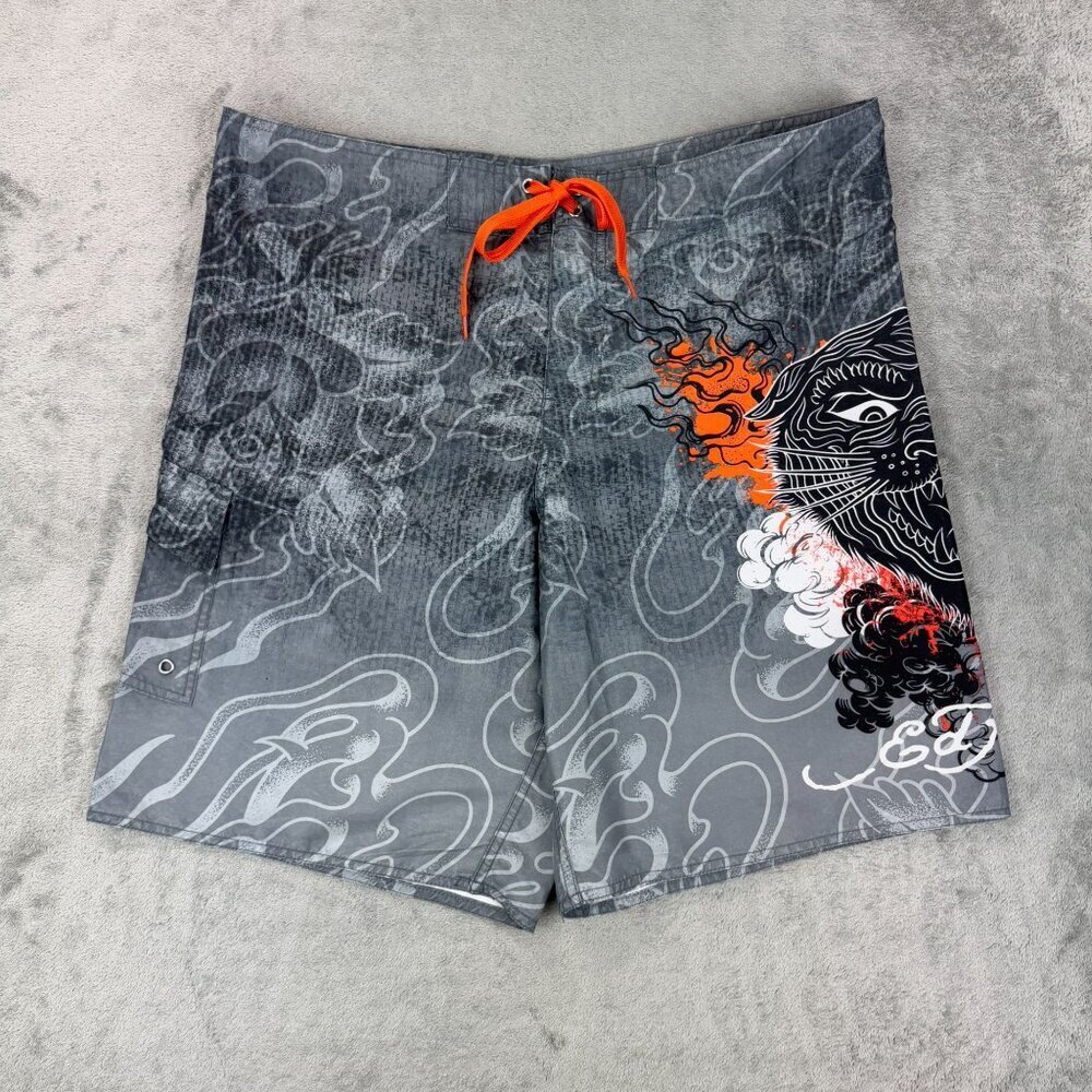 Ed Hardy Mens Large AOP Swim Trunks Unlined Tiger Graphic Board Shorts Grey